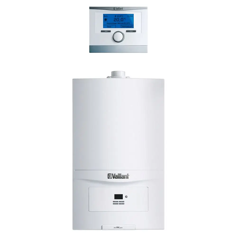 Weißer Heizkessel von Vaillant mit digitalem Bedienfeld oben. Das Bedienfeld zeigt die Temperatur und andere Heizparameter an.